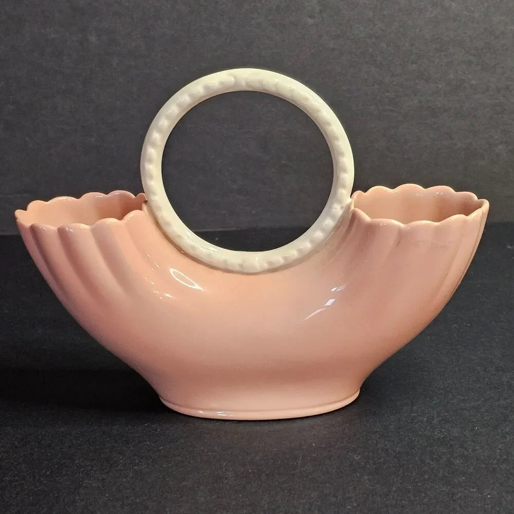 Lenox Coral Pink Vase Double Wedding Ring Cream Handle Vtg Midcentury
